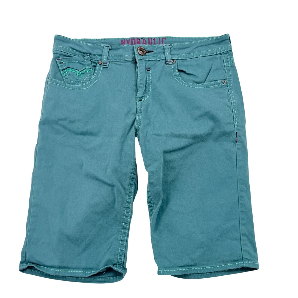 Hydraulic Bermuda Short Women 12 Teal Green Thick Stitch Embroidered Y2K McBling